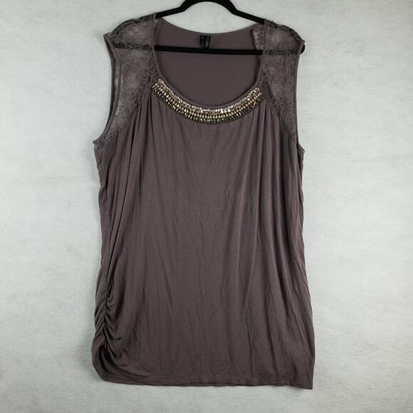 Maurices Plus Women's 3X Beaded Rhinestone Neck Dressy Tank Top Brown Lace Trim - Picture 1 of 8